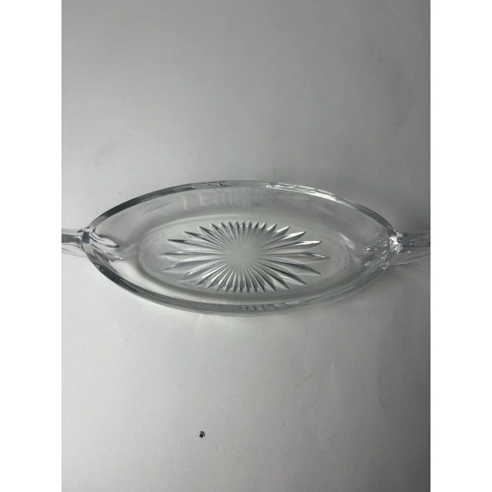 Vintage‎ Clear Etched Star Glass Oval Canoe Boat Dish w Handles Floral Design